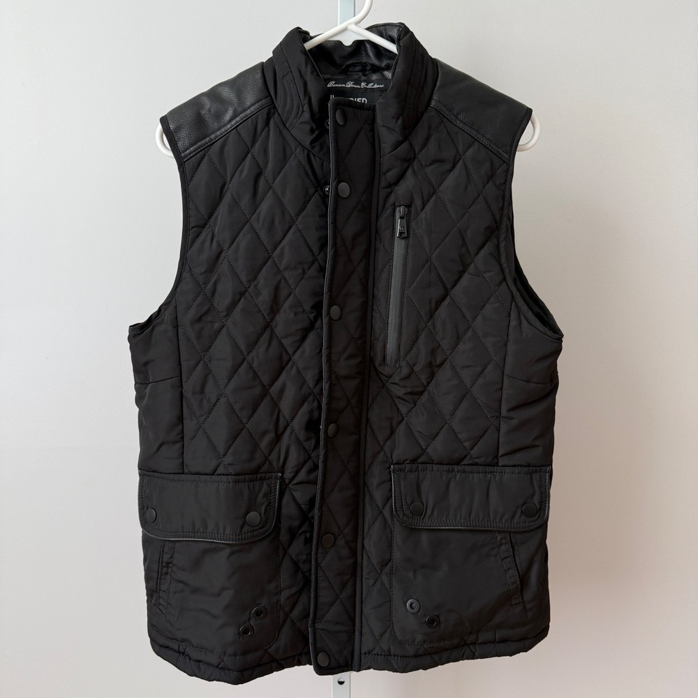 Fried Denim NYC sz M Black Quilted Puffer Vest Faux Leather Outdoors Streetwear